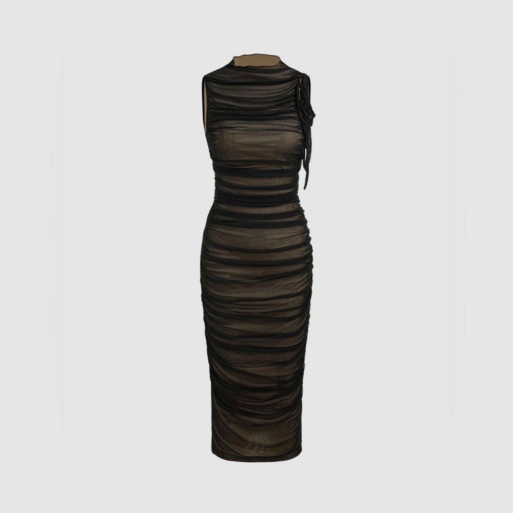 **NEVER WORN Mesh Ruched High Neck Midi Dress